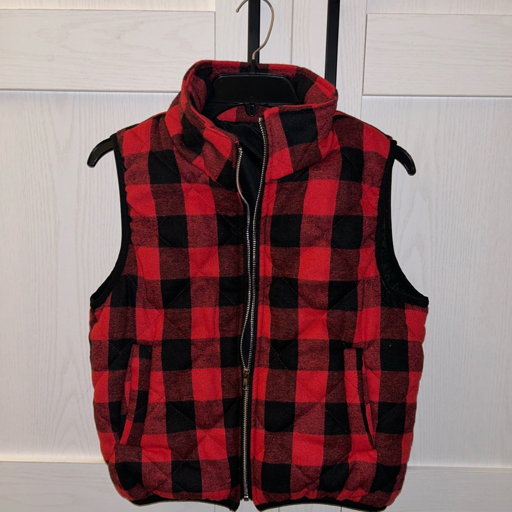 Red and Black Plaid Puffer Vest